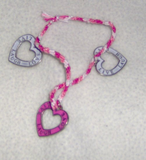 LIVE LOVE LAUGH Braided tricolor floss bracelet with heart charms