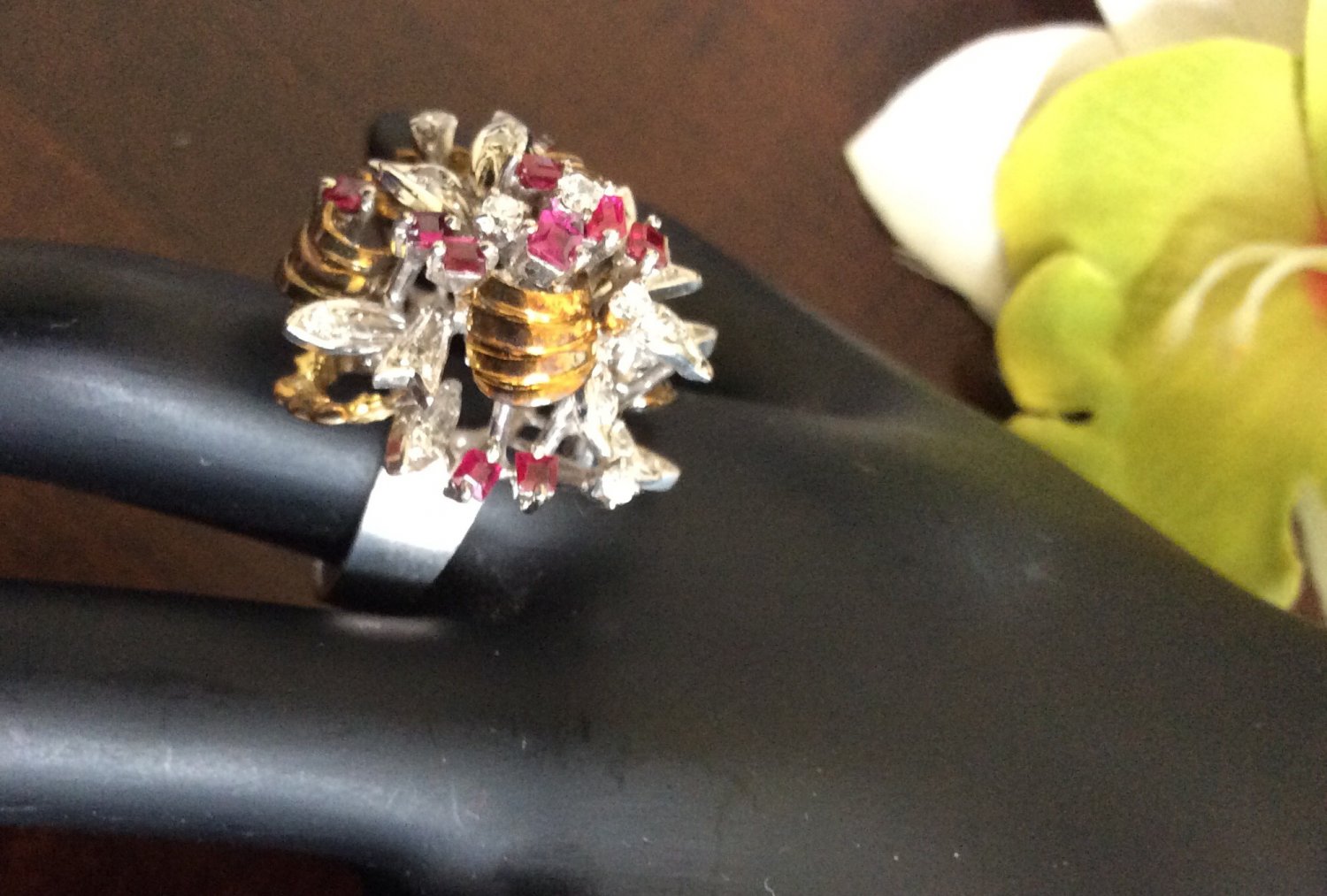 18k diamond and princess cut ruby flower ring