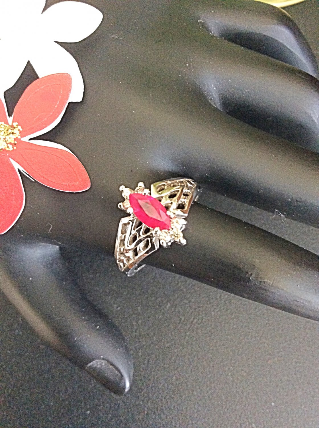 14k white gold diamond and marquis cut ruby ring