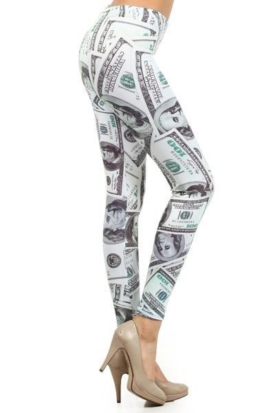 WOMENS GREEN WHITE LEGGINGS WITH A HUNDRED DOLLAR BILL GRAPHIC DESIGN SIZE S M L