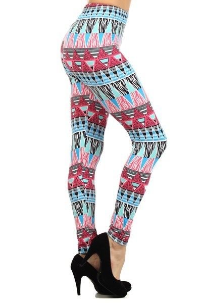 WOMENS PINK AND BLUE SPANDEX POLYESTER CASUAL TRIBAL PRINT LEGGINGS SIZE S M L