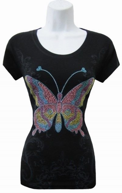 WOMANS GRAPHIC BLUE POlYESTER T-SHIRT WITH A BUTTERFLY DESIGN SIZE S M L