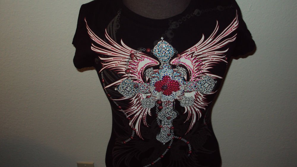 WOMENS CHRISTIAN COTTON BLACK JEWELED T-SHIRT S M L