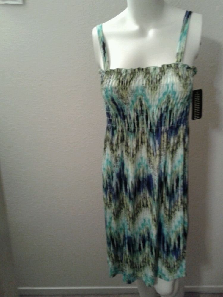 WOMANS MINI SUMMER BEACH DRESS POLYESTER SPANDEX BLUE GREEN YELLOW SIZE S M