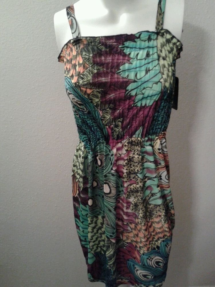WOMENS POLYESTER MINI SUMMER BEACH CASUAL DRESS WITH A FEATHER DESIGN SIZE L