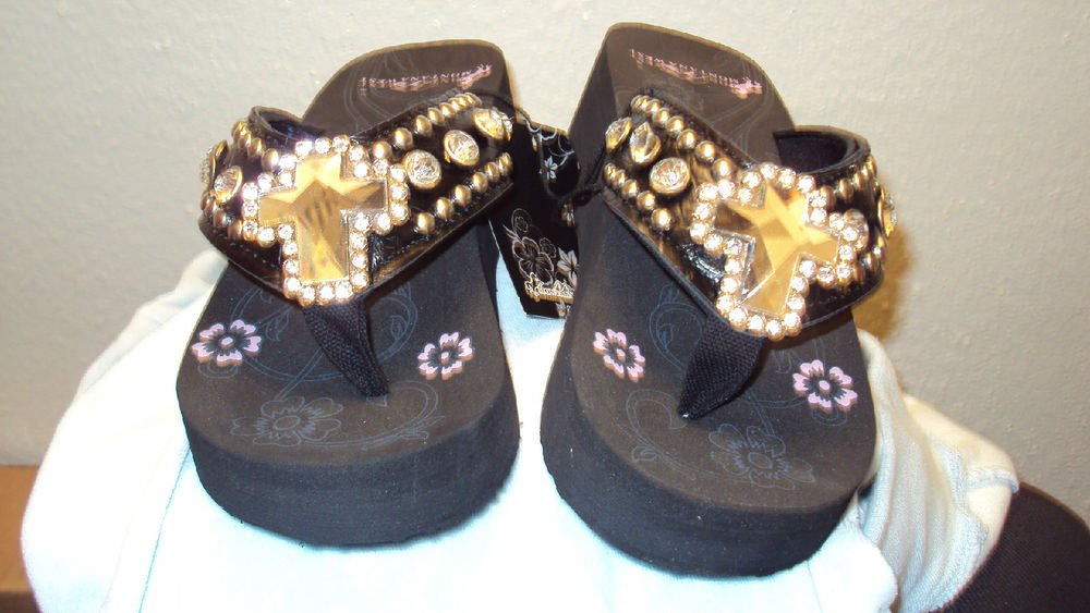 MONTANA WEST WESTERN WEDGE FLIP FLOPS WITH A CROSS SIZE 6 7 8 9 10 11