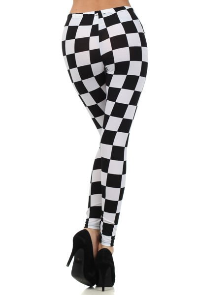 WOMENS CASUAL PARTY BLACK AND WHITE RAYON CHECKERD LEGGINGS SIZE S M L