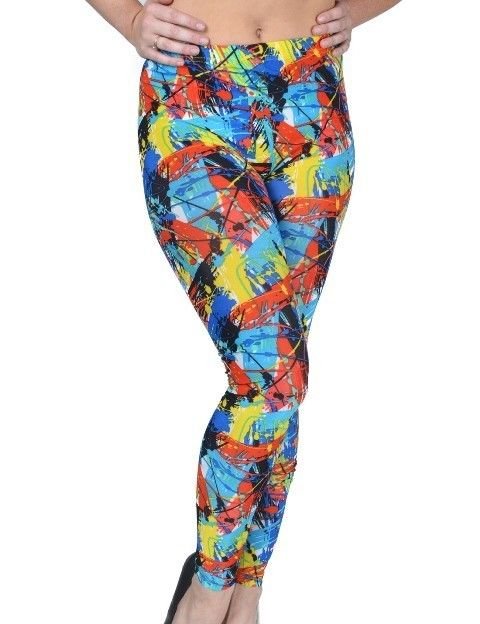 WOMENS PARTY CASUAL GREEN YELLOW BLUE PORTRAIT INSPIRED LEGGINGS SIZE S M L
