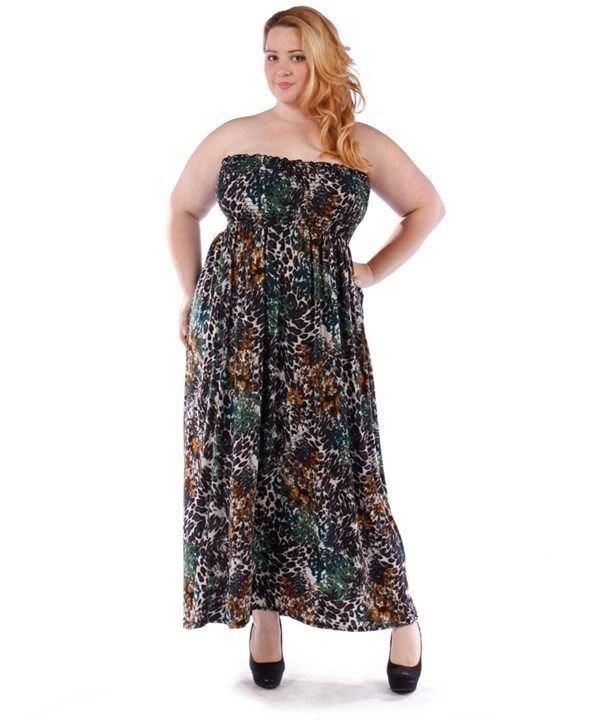 PLUS SIZE SMOCKED STRAPLESS MAXI DRESS ANIMAL PRINT GREEN RAYON SIZE 1X 2X 3X