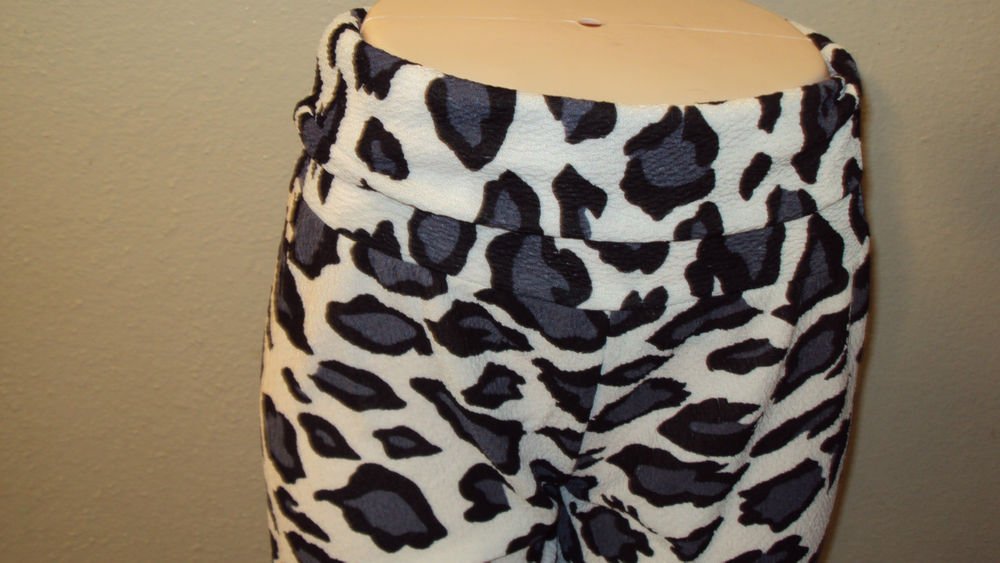 WOMENS WIDE LEG BLACK WHITE ANIMAL PRINT KNIT PANTS WITH A FOLD OVER WAISTBAND