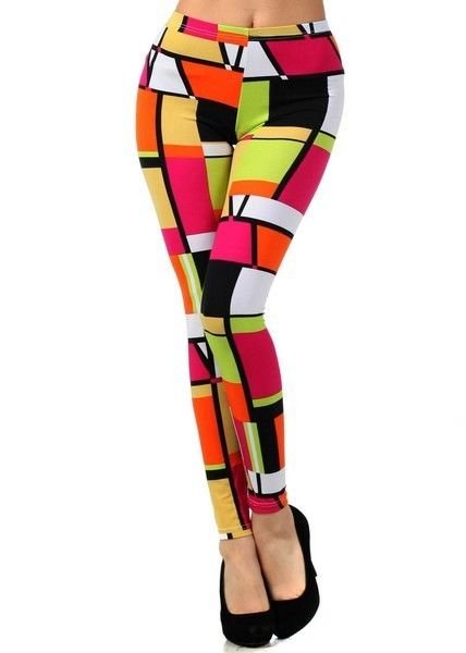 WOMENS MULTICOLORED FUSCIA LIME GREEN PRINT SQUARE DESIGN LEGGINGS SIZE S M L