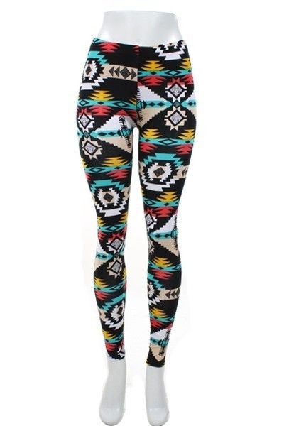 WOMENS TRIBAL PRINT BLACK YELLOW RED BLUE LEGGINGS WITH ELASTIC WAISTBAND S M L