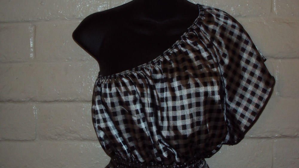 WOMENS NEW BLACK AND SILVER PARTY CHECKERD COTTON ONE SHOULDER BLOUSE SIZE S L