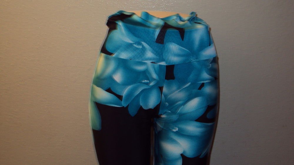 WOMENS HAWAIIAN BLUE PINK FLORAL FLARED BANDED PANTS SIZE S M L