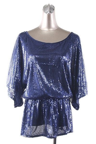 WOMENS SEQUIN CASUAL PARTY BLUE GRAY BLACK BLOUSE SIZE S M L