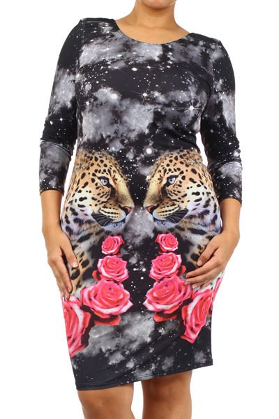 WOMENS CASUAL BODYCON PINK BLACK STRETCH DRESS ANIMAL FLORAL DESIGN SIZE S M L