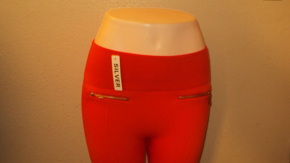 WOMENS BLACK GREEN ORANGE LEGGINGS WITH A ZIPPER ON THE FRONT POCKETS SIZE S M