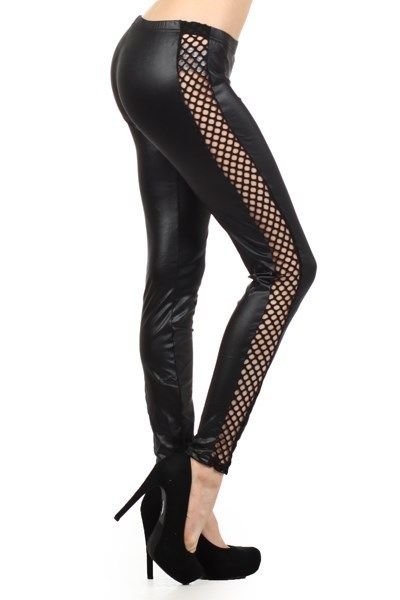WOMENS CLUB PARTY FAUX LEATHER LEGGINGS WITH FISHNET PANELS SIZE S M L
