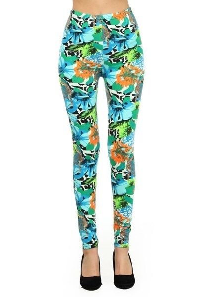 WOMENS CASUAL TROPICAL GREEN BLACK BLUE HAWAIAN FLOWER LEGGINGS SIZE S M L