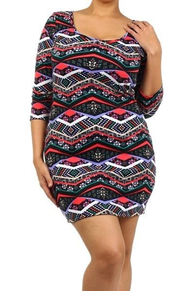 WOMENS PINK GREEN WHITE BLACK TRIBAL PRINT PLUS SIZE BODYCON DRESS SIZE 1X 2X 3X