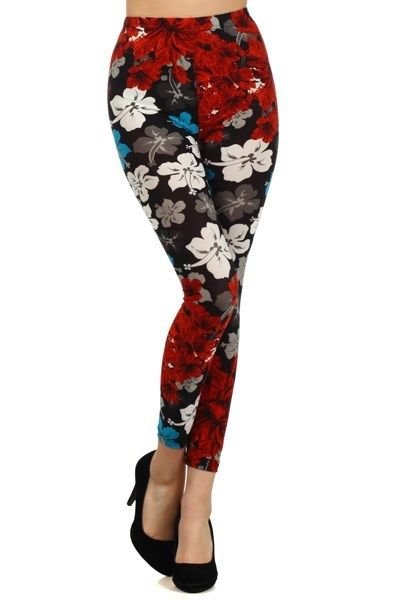 WOMENS NEW FLORAL HAWAIIAN RED BLUEWHITE BLACK POLYESTER LEGGINGS SIZE S M L