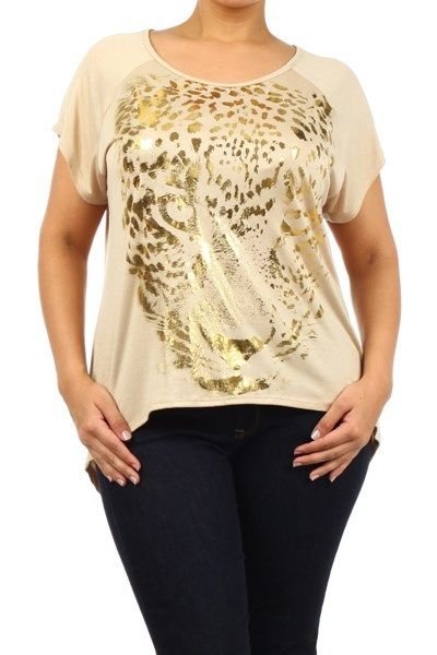 WOMENS HIGH LOW BEIGE PLUS SIZE BLOUSE WITH A TIGER ON IT SIZE 1X 2X 3X