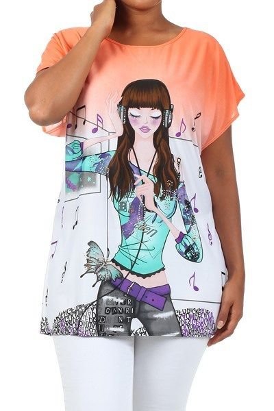WOMENS CASUAL ORANGE GRAPHIC T-SHIRT WITH RHINESTONE EMBELLISHMENT SIZE 1X 2X 3X