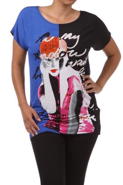 WOMENS BLUE BLACK WHITE RED CASUAL GRAPHIC T- SHIRT BLOUSE SIZE 1X 2X 3X