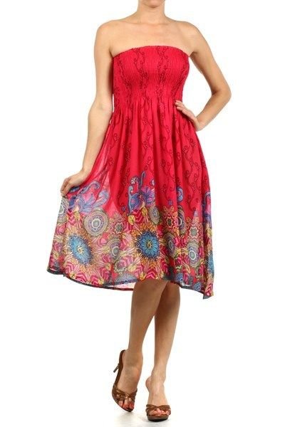WOMENS ABSTRACT STRAPLESS CORAL SUNDRESS WITH SMOCKED WAIST SIZE S M L XL