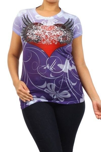 WOMENS PLUS SIZE PURPLE SPANDEX GRAPHIC T-SHIRT RHINESTONES HEART DESIGN 1X 2X