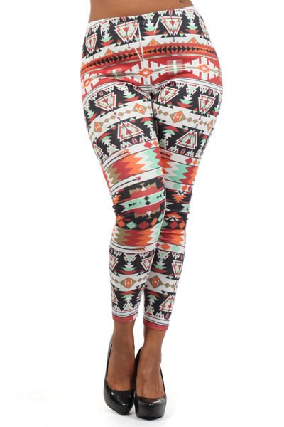 WOMENS AZTEC DESIGN PLUS SIZE LEGGINGS ORANGE BLACK WHITE SIZE 1X 2X 3X