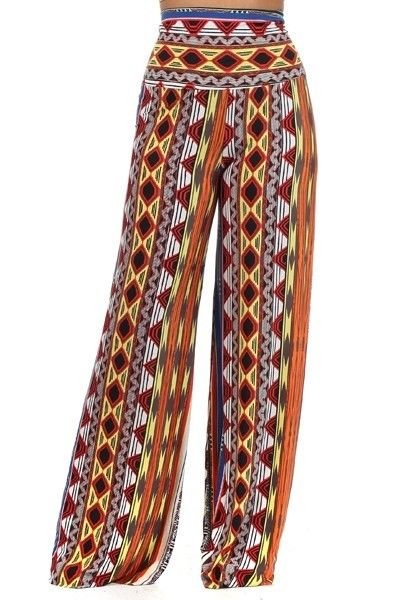 WOMENS CASUAL PLUS SIZE WIDE FLARE LEG BOHEMIAN PRINT DESIGN PANTS SIZE 1X 2X 3X