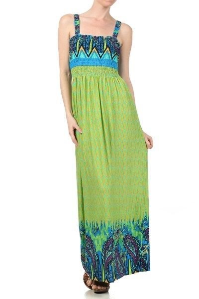 WOMENS SUMMER BEACH MAXI DRESS WITH SMOCKED DETAIL ORANGE AND GREEN SIZE S M L