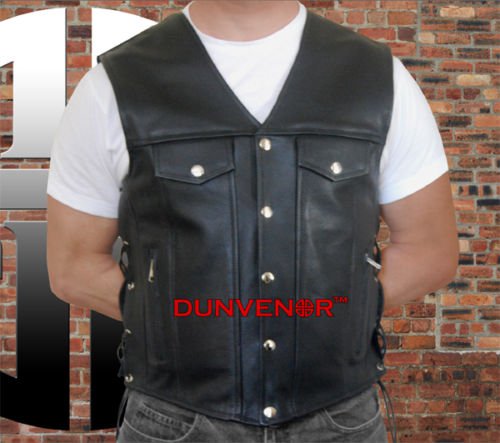 QUALITY LEATHER "DENIM" WAISTCOAT RETRO VEST BIKER BIKE MOTORCYCLE MOTORBIKE