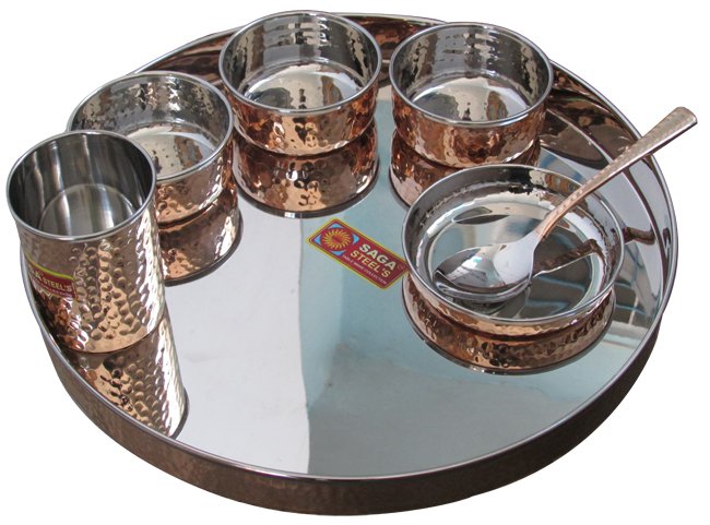 Indian Steel Copper Traditional Dinner Set Dish Bowl Glass Spoon Utensils Health