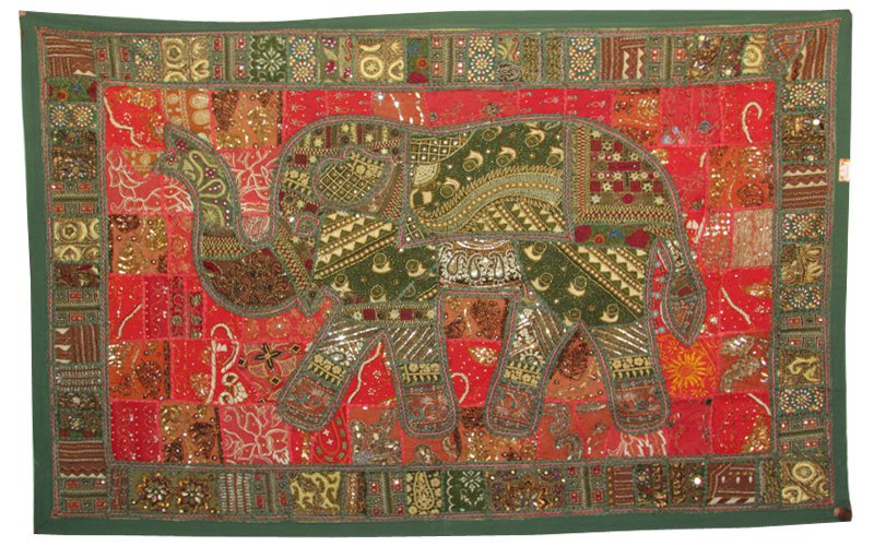 63"Wall Hanging Beaded Art PatchworkTapestry Runner Handmade Elephant Embroidery