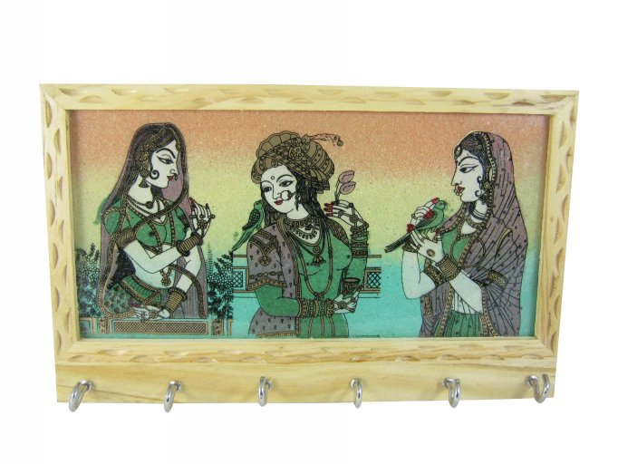 Traditional Wall Hanging Glass Painting Wooden Key Holder 6 Key Stand Hanger