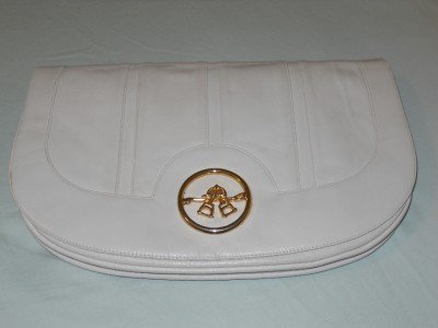 Vintage LOU TAYLOR Swivel Mirror Equestrian Handbag Clutch Ivory Leather Italy