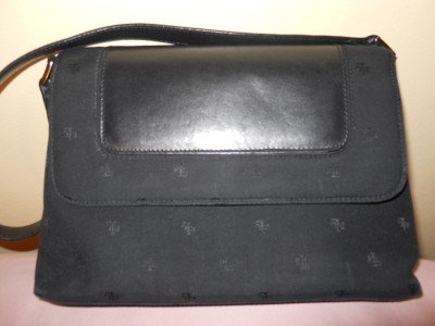 Ralph Lauren Evening Handbag Purse Black Fabric Leather SIGNATURE LOGO