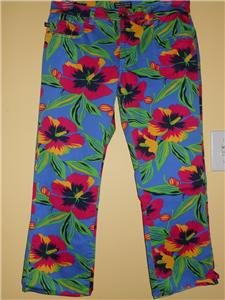 Ralph Lauren Capri Cropped Pants Jeans Sz 4 Floral Print Blue Green Pink MINT