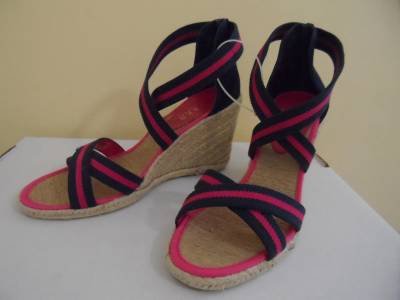 Ralph Lauren Leather Hemp Wedge Espadrilles Slingbacks Sz 9.5 M Navy Pink