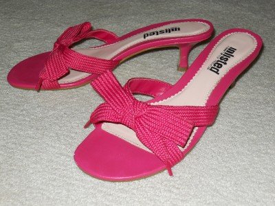 Kenneth Cole Heels Strappy Slides Pink Leather Fabric Sz 8.5M
