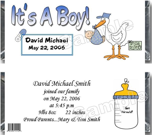20 Personalized 1.55oz Candy Wrappers Stork! Its A Boy
