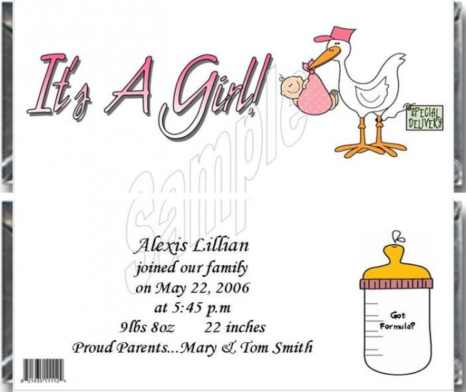 20 Personalized 1.55 oz Candy Wrappers -Stork! It's a Girl
