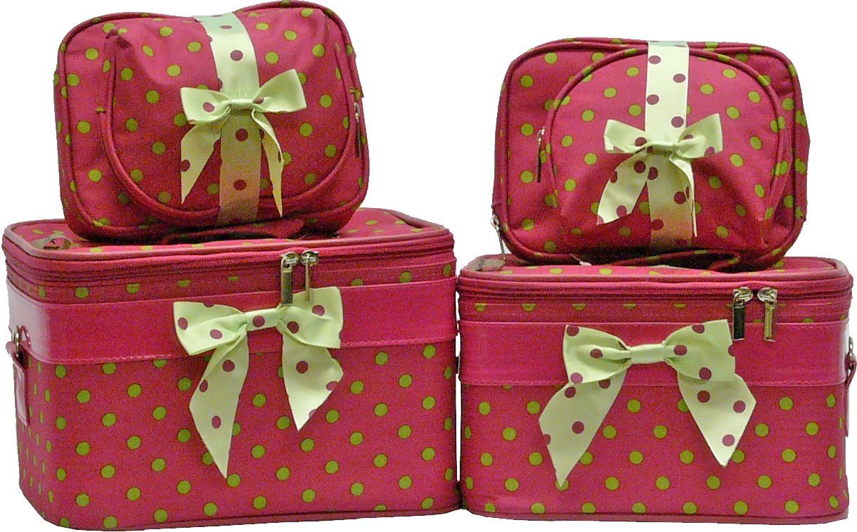 Green Polka Dots on Pink Cosmetic Case -6 Pc