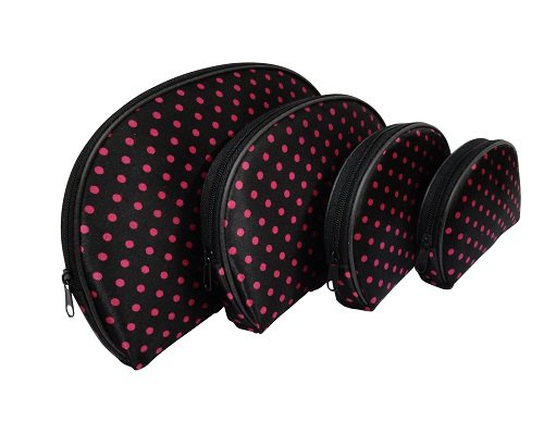 4 In 1 Cosmetic Bag, Black Pink Polka Dots