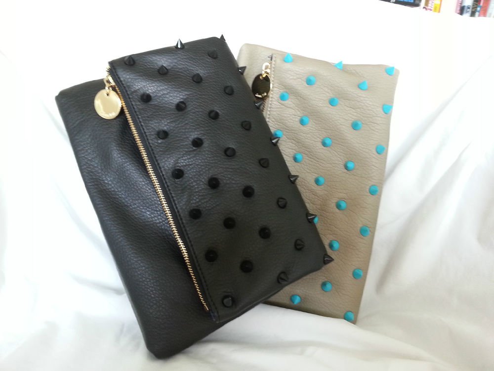 Deux Lux Handbag-Empire State Spiky Foldover Clutch Bag Purse Putty/Black NWOT