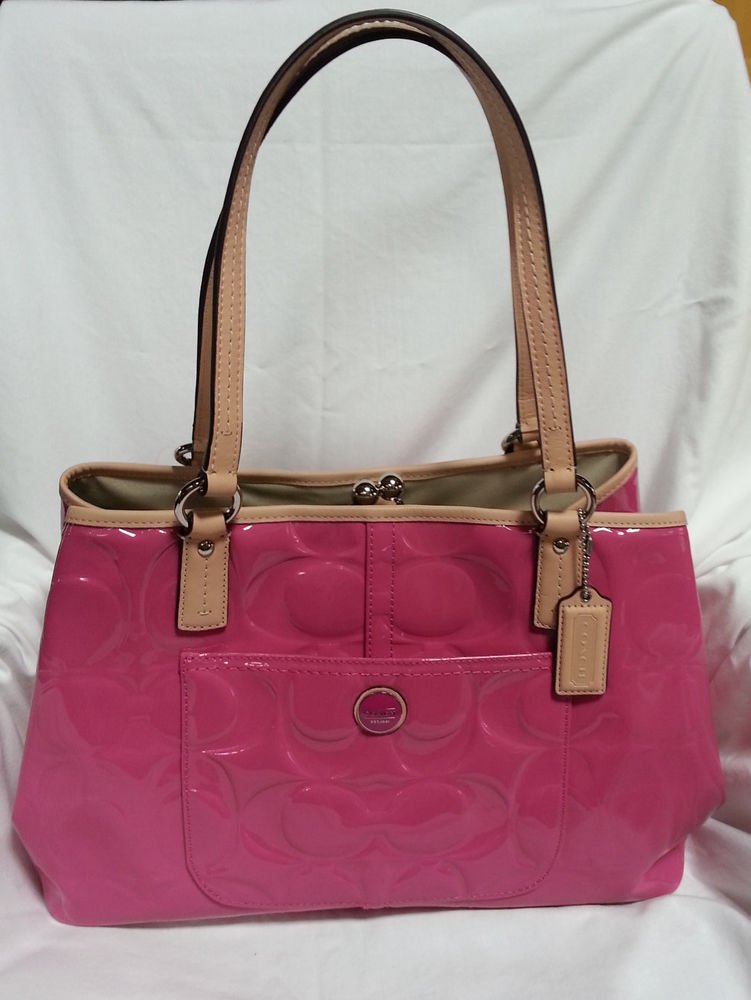 COACH Signature Embossed Patent Leather Frame Handbag in Mulberry-NWT-SRP: $458