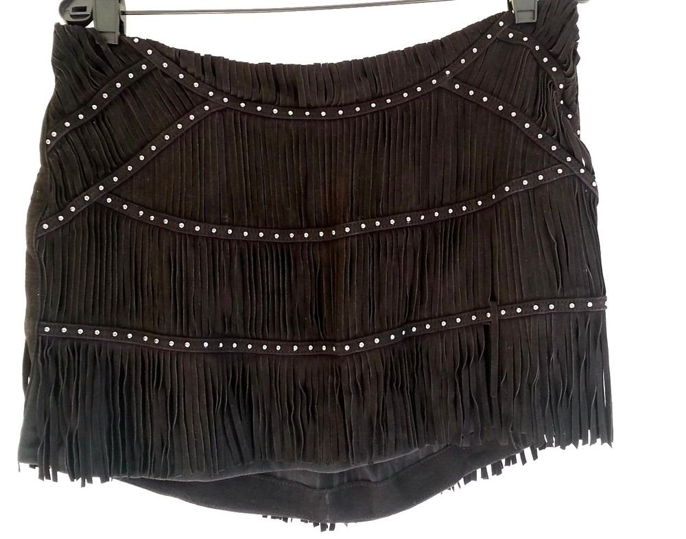 Haute Hippie Suede Fringe Studded Mini Skirt in Black-Size M, L-NWT-RP: $665