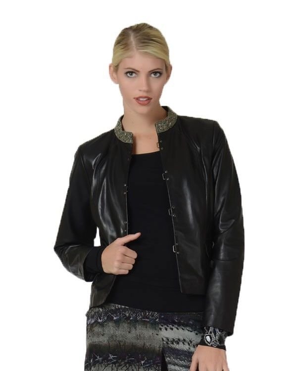Badgley Mischka Vicki Jeweled Collar Leather Jacket in Black NWT-RP: $650.00